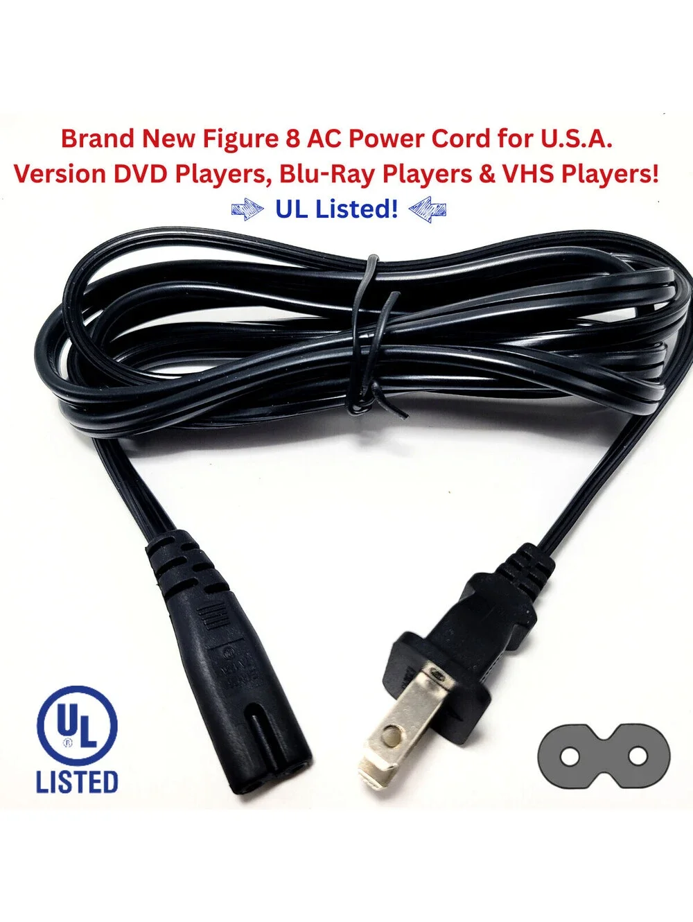 2 Prong Figure 8 AC Power Cord for USA Version DVD Players, Blu-Ray, CD, DVD